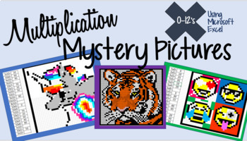 Preview of Multiplication Mystery Pictures - Facts 0-12's - Excel Document Pixel Art