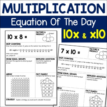 Preview of Multiplication Practice Equation Of The Day, 10 Times Table Math Fact Worksheets