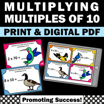 Preview of Multiplication Practice Multiplying by Multiples of 10 Math Task Cards Games 