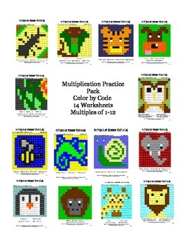 Preview of Multiplication Practice Bundle Color by Code 14 Hidden Pictures Multiples 1-12