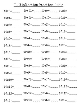 multiplication practice sheets for students 1 10s tpt