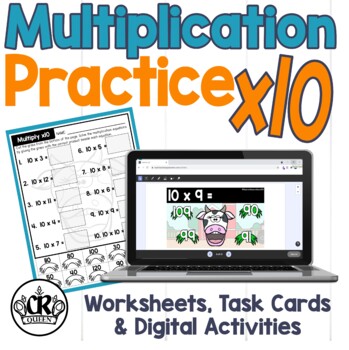 Preview of Multiplication Practice x10 Worksheets, Task Cards & Easel Activity & Assessment