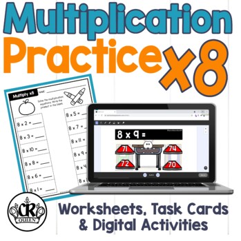 Preview of Multiplication Practice x8 Worksheets, Task Cards & Easel Activity & Assessment