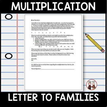 Preview of Multiplication Progress Report Letter to Parents