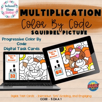 Preview of Multiplication Progressive Color by Code Fall Squirrel Boom Cards