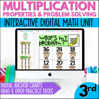 Preview of Multiplication Properties & Problem Solving Google Slides Math Practice & Review