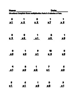 Preview of Multiplication Quiz ( 0-12 facts; 25 problems on each quiz)