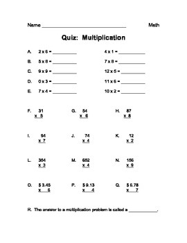 Multiplication Quiz by Hall House | TPT