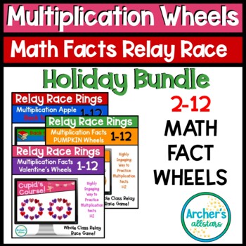Preview of Multiplication Relay Race HOLIDAY Math Facts Game Wheels Rings BUNDLE