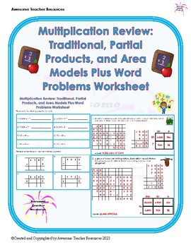 Preview of Multiplication Review: Traditional, Partial Products, & Area Models Worksheet
