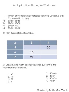 Multiplication Strategies Worksheet by Little Mrs Teach | TpT