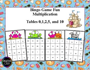 Preview of Multiplication Tables 0,1,2,5, and 10 Tables - Bingo Game -Summer Fish Fun