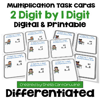 Preview of 2 Digit by 1 Digit Multiplication Task Cards - Differentiated