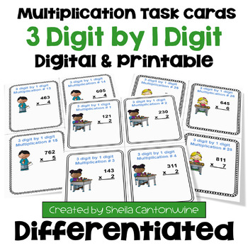 Preview of 3 Digit by 1 Digit Multiplication Task Cards - Differentiated
