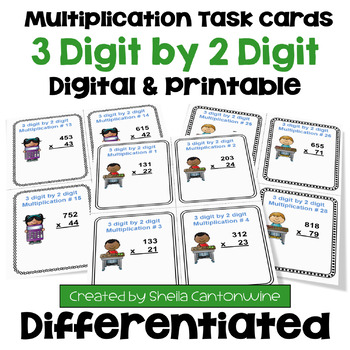Preview of 3 Digit by 2 Digit Multiplication Task Cards - Differentiated
