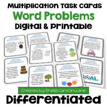 Preview of Multi Digit Multiplication Task Cards With Word Problems - Differentiated