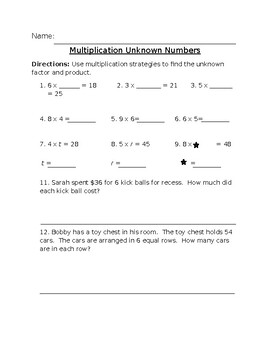 Preview of Multiplication Unknown Numbers