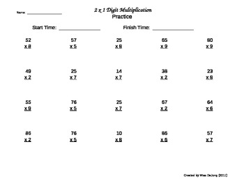Preview of Multiplication Vertical 2-Digit by 1-Digit Worksheets - self-generating