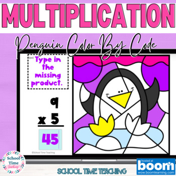 Preview of Winter Color by Number Multiplication Boom Cards Penguins