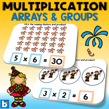 Preview of Multiplication With Arrays and Groups - New Year's Eve Boom Cards