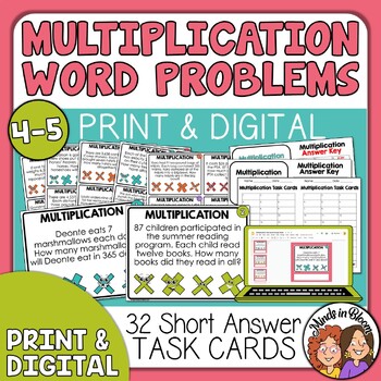 Preview of Multiplication Word Problem Task Cards - Print & Digital - Math Story Problems
