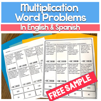 Preview of Multiplication Word Problems Worksheets in English & Spanish