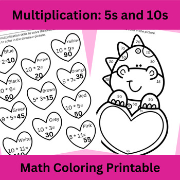 Preview of Multiplication Worksheet: 5s and 10s, Valentine Dinosaur Coloring