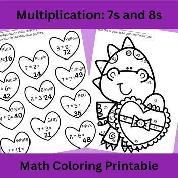 Preview of Multiplication Worksheet: 7s and 8s, Valentine Dinosaur Coloring