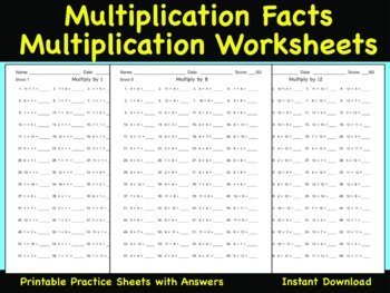 Preview of Multiplication Worksheet, Multiplication Facts, Math Drills, Grades 3-5.