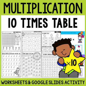 Preview of Multiplication Facts Practice Worksheets 10 Times Table and Google Slide™ Cards