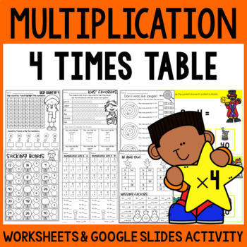 Preview of Multiplication Facts Practice Worksheets 4 Times Table and Google Slides Cards