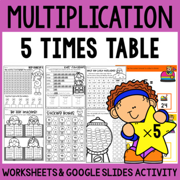 Preview of Multiplication Facts Practice Worksheets 5 Times Table and Google Slides™ Cards