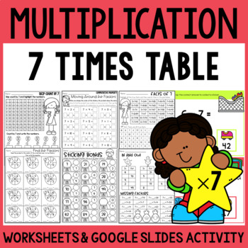Preview of Multiplication Facts Practice Worksheets 7 Times Table and Google Slides™ Cards
