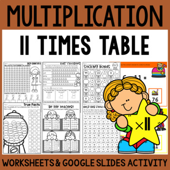 Preview of Multiplication Facts Practice Worksheets 11 Times Table and Google Slides™ Cards