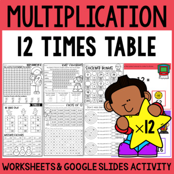 Preview of Multiplication Facts Practice Worksheets 12 Times Table and Google Slides™ Cards