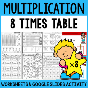 Preview of Multiplication Facts Practice Worksheets 8 Times Table and Google Slide™ Cards