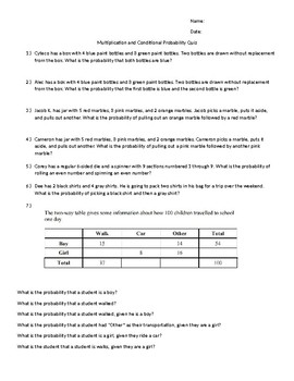 Preview of Multiplication and Conditional Probability Quiz/Worksheet