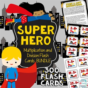 Preview of Multiplication and Division Flash Cards BUNDLE 1-12 Superhero Math Centers