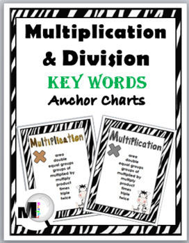 Preview of Zebra Theme Classroom Decor Multiplication Chart & Division Chart Math Key Words