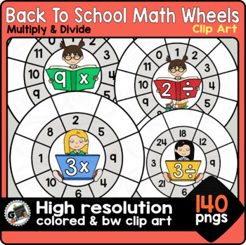 Preview of Multiplication and Division Math Wheels Back To School Kids Editable Clip Art