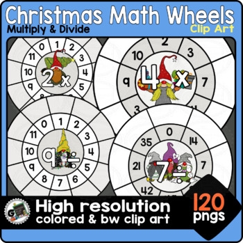 Preview of Multiplication and Division Math Wheels Christmas Gnomes Clip Art