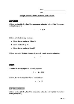 multiplication and division worksheet with answers by