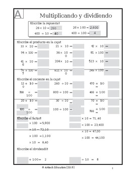 Preview of Multiplication and Division by 10 and 100 in Spanish