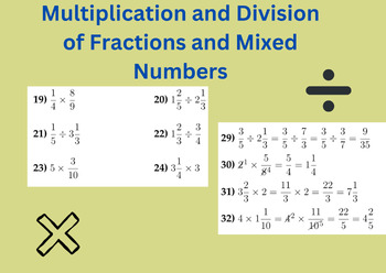 Preview of Multiplication and Division of Fractions and Mixed Numbers Worksheet (with solut