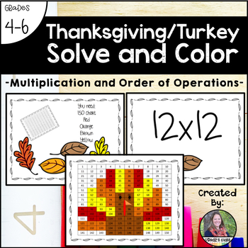 Preview of Multiplication and Order of Operations Mystery Picture Solve and Color, Turkey