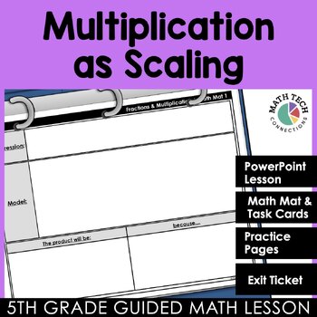 Preview of Multiplication as Scaling 5th Grade Math Lesson, Math Mat, Task Cards & Practice