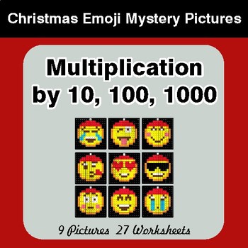 Multiplication by 10, 100, 1000 Christmas EMOJI Color-By-Number Math Mystery Pictures