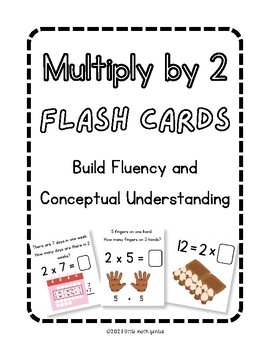 Preview of Multiplication by 2 Fact Family Flash Cards with Visual Aids and Context