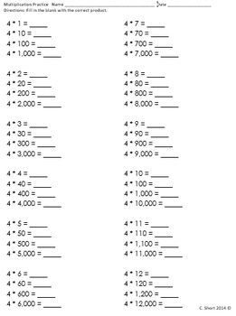 Preview of Multiplication extension practice 10s, 100s, 1,000s