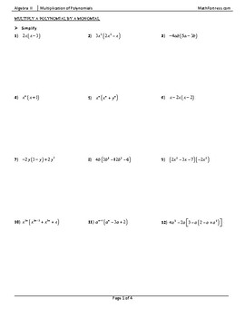 Preview of Multiplication of Polynomials Worksheet